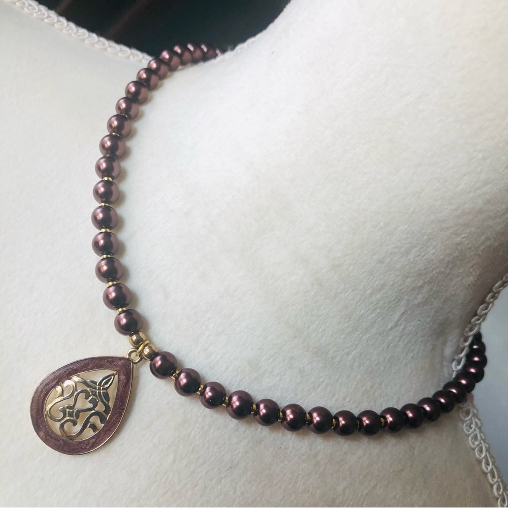 Handcrafted repurpose filigree medallion pendant Czech glass Pearl necklace